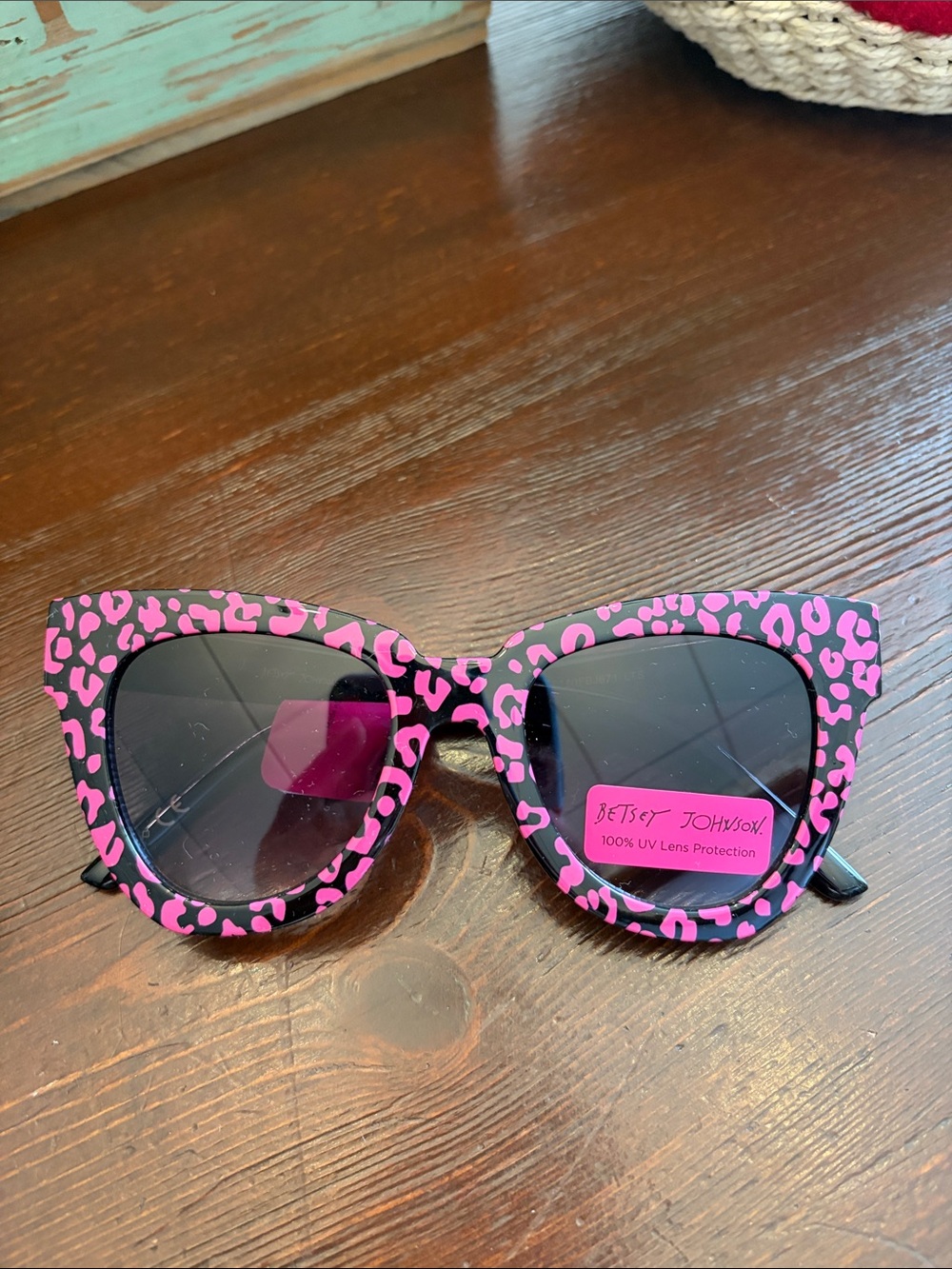 Betsey Johnson Pink and Black Leopard Print Cat Eye Sunglasses